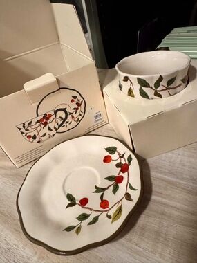 Indigo Cherry Branch Tea Cup and Saucer Set / White